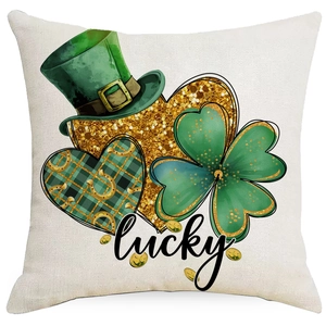 Linen St. Patrick's Day throw pillow cover featuring clover prints and lucky text design