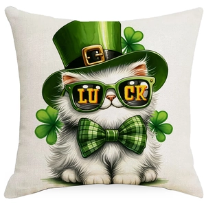Saint Patrick's Day cushion cover with cat wearing luck green hat and clover elements