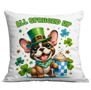 Detail of St. Patrick's Day pillow cover with cartoon bulldog and shamrock design.