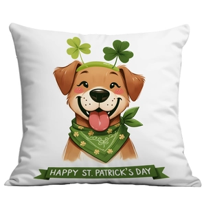 Detail of St. Patrick's Day throw pillow case with lucky dog and clover illustration
