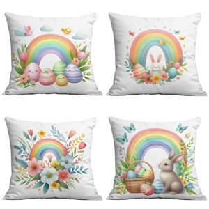 Easter Bunny Rainbow Flower Throw Pillow Case Soft Plush Spring Egg Floral Square Pillowcase Home Decorative Cushion Cover