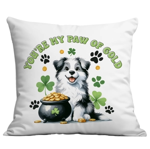St. Patrick's Day pillowcase with Border Collie puppy, gold coins and shamrock design