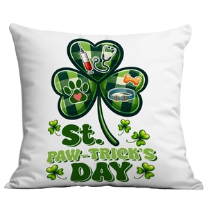 Detail of St. Patrick's Day pillowcase with green plaid clover and pet nursing symbols