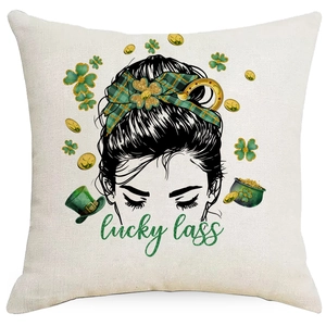 Detail view of St. Patrick's Day pillowcase with Lucky Lass print and linen texture