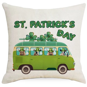 Close-up of St. Patrick's Day linen pillowcase with green van and clover pattern prints