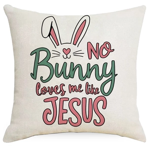 Federa per cuscino pasquale in lino e cotone con scritta No Bunny loves me like JESUS