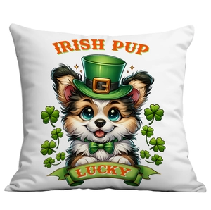 St. Patrick's Day cushion cover with cute Irish pup and green shamrocks on white fabric