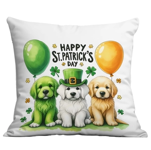 White St. Patrick's Day pillow cover with golden retriever puppies and clover pattern