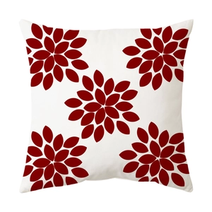 Nordic minimalist square pillowcase with red geometric floral patterns on white background