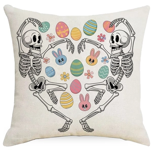 Fodera per cuscino decorativa pasquale con cuore di scheletro e coniglio su bianco