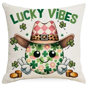 Détail de la taie d'oreiller Saint-Patrick avec smiley Lucky Vibes et chapeau de cow-boy