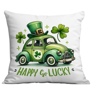 Fodera per cuscino San Patrizio con auto d'epoca verde e trifogli, design Happy Go Lucky