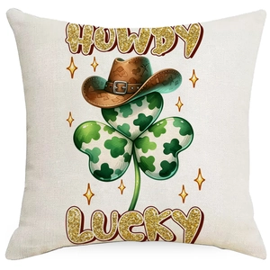 Housse de coussin Saint-Patrick avec trèfle et chapeau de cowboy sur tissu beige