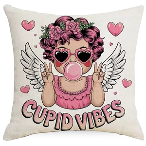 Detail of linen pillowcase featuring a Cupid illustration and Cupid Vibes text