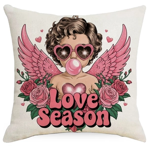 Detail of angel with heart sunglasses and Love Season print on square pillow cover