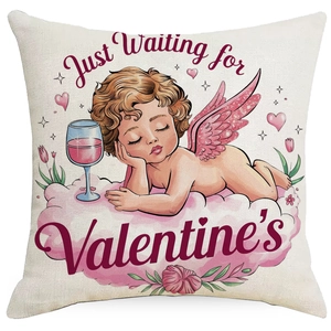 Detailed view of Cupid angel illustration on square pillowcase with textured fabric