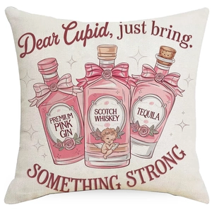 Detail of square throw pillow with pink gin bottles and cupid art on cream canvas