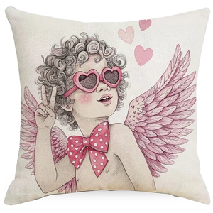Detailed view of linen pillowcase featuring a cute Cupid angel with heart sunglasses
