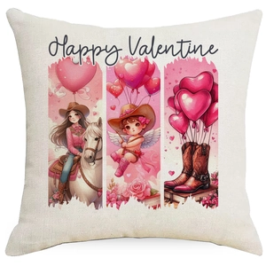 Detail of white cotton linen pillowcase with Valentine's cupid and heart wing print