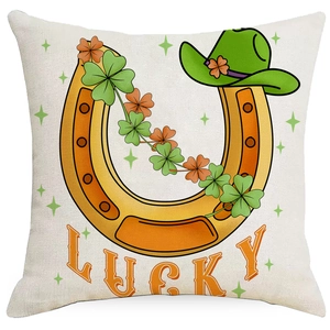 St. Patrick's Day cowboy lucky pillow case with green hat, horseshoe and clover
