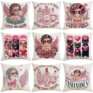 Valentine's Day Linen Pillowcase Cupid Angel Heart Printed Decorative Throw Pillow Cover For Sofa Living Room Home Decor