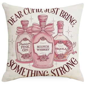 Square cotton linen Valentine cushion cover with Cupid gin and whiskey bottle prints