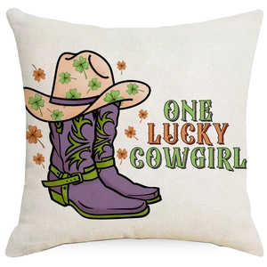 Detailed texture of linen pillowcase with lucky cowgirl hat and boots print