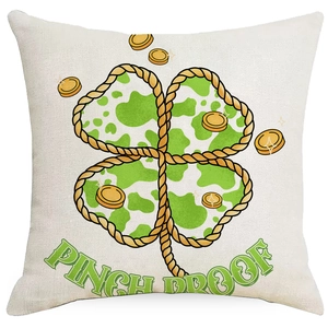 St. Patrick's Day cushion cover with green cow print clover and Pinch Proof text
