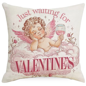 Valentine's Day pillow cover with Cupid and heart print on linen textured fabric
