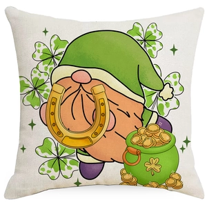 Saint Patrick's Day square pillow cover with gnome, horseshoe, and shamrock design
