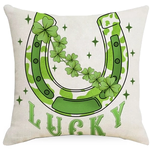 Detail view of cotton-linen St. Patrick's Day cushion cover with Lucky horseshoe and clover