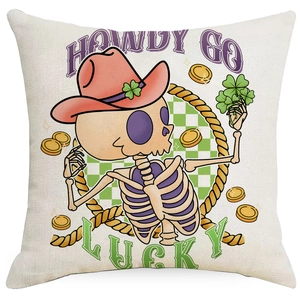Macro shot of cotton linen texture on square pillow case with St. Patrick cowboy skull print