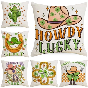 St Patrick's Day Western Cowboy Linen Pillowcase Shamrock Horseshoe Graphic Cushion Cover For Home Decor Party No Insert