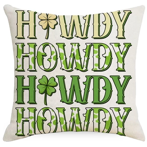 Saint Patrick's Day HOWDY pillow cover with green shamrock cow print letters