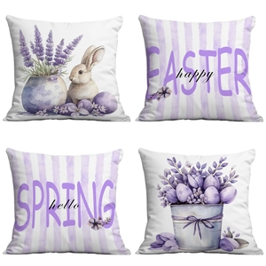 Watercolor Easter Rabbit Eggs Cushion Cover Peach Skin Decorative Pillow Case Spring Lavender Holiday Theme Home Decor