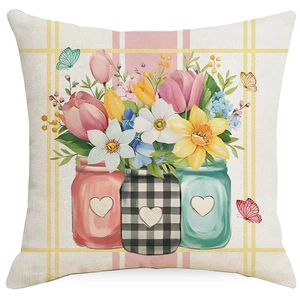 Minimalist square linen pillowcase with watercolor spring flower pots and heart patterns