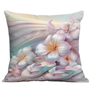 Detailed macro view of tropical hibiscus and flip-flop print on beach pillowcase