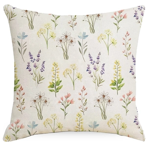 Federa per cuscino in lino con motivo floreale ad acquerello e fiori primaverili