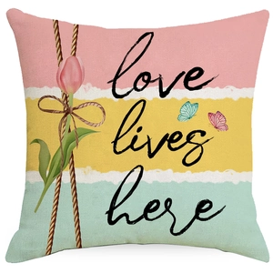 Minimalist green plant floral print throw pillow cover with tulips and butterflies
