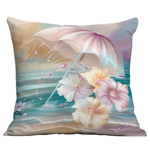 Detail of artistic beach pillow cover with colorful flowers and parasol print