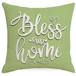 Federa per cuscino in lino verde con scritta bianca Bless our home e decoro a cuore
