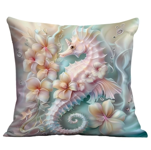 Rainbow seahorse and floral cushion cover with 3D embossed effect on white background
