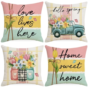 Linen Cushion Cover Spring Floral Tulip Butterfly Printed Decorative Pillowcase For Sofa Living Room Home Decor