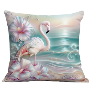 Detail of 3D flamingo and purple hibiscus flowers on square ocean pillowcase cover
