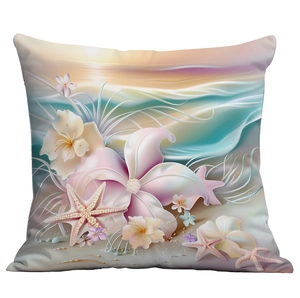 Romantic colorful coastal cushion cover with starfish and ocean wave floral design