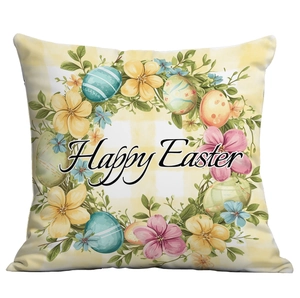 Happy Easter peach skin pillow cover featuring vintage bunny eggs and yellow checkered pattern