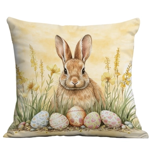 Easter peach skin throw pillow cover with vintage rabbit and colorful eggs print