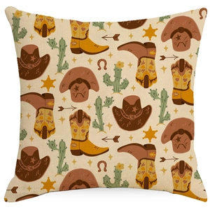 Detailed close-up of Western cowboy pillow cover with cactus and boots print on linen texture