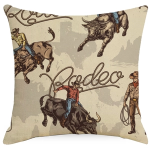 Western rodeo theme decorative cushion cover with vintage cowboy riding bull design