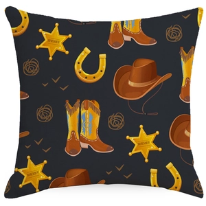 Western cowboy style throw pillow cover featuring boots, sheriff badges and horseshoes